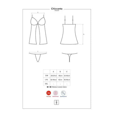 Chiccanta Babydoll and Thong Black size chart and design illustration for S/M and L/XL with fabric details.