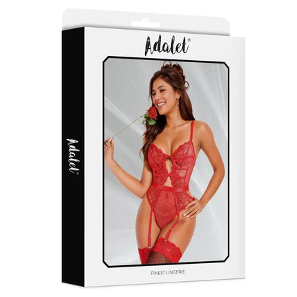 Chloe Teddy with Garter in red floral design by Adalet, showcasing comfortable and alluring lingerie for women. Available in sizes S-M and L-XL.