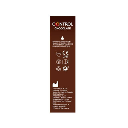 Control Chocolate 12 uds box with chocolate scented lubricant information and product symbols.
