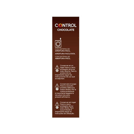 Packaging for Chocolate 12 uds scented condoms with instructions in Spanish, highlighting features such as easy opening system.