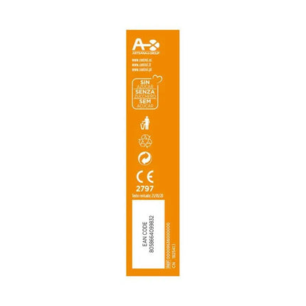 Product packaging with labels and EAN code details on an orange background.
