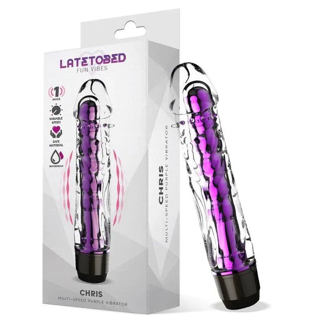 Chris Multi-Speed Vibe Purple vibrator with packaging, featuring soft jelly-like material and adjustable vibration for personal pleasure.