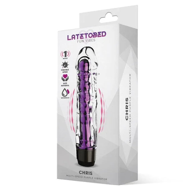 Packaging of Chris Multi-Speed Vibe Purple, a jelly-like ergonomic vibrator with variable speeds for a silky-smooth experience.