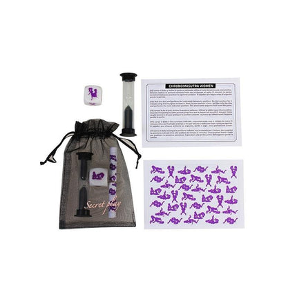 Chronomasutra Lesbian Couples Kit with dice, hourglass, instructions, and posture table for intimate play.