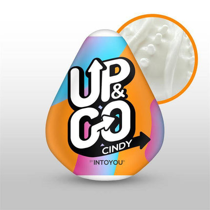Image of Cindy Masturbator Egg packaging with colorful design and textured internal view