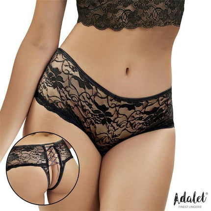 Claire Panties Open crotch Corset Style by Adalet in black floral lace with open-back design for confident, daring lingerie.