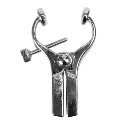 Close-up of Clamps Electro Shock, adjustable metal clamps for Rimba Power Box, ideal for demonstrations and experiments, showing precise design.