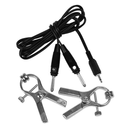 Clamps Electro Shock with adjustable metal clamps and cables for Rimba Power Box setup and testing versatility.