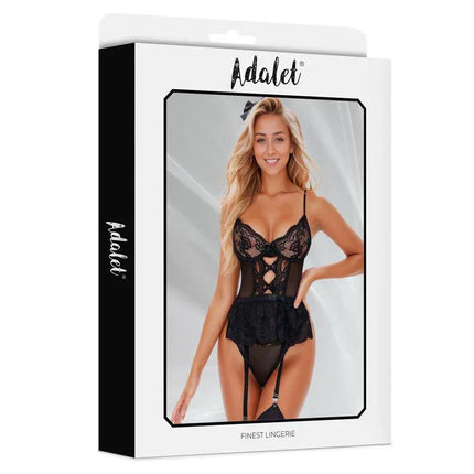 Clara Teddy Black bodysuit by Adalet with floral pattern and lace detail, available in S-M and L-XL sizes. Lingerie packaging.