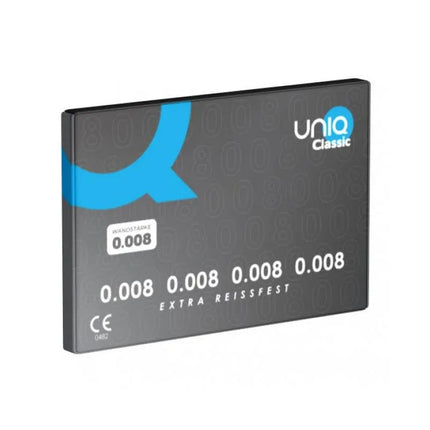 Packaging of Classic Condoms Estra Thin No Latex 3 pcs with 0.008 mm thickness label, featuring Uniq Classic branding.