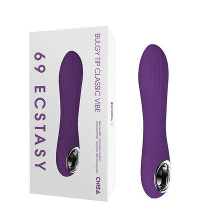 Classic Vibe with 10 Pleasure Patterns purple stimulator with packaging, features silicone body and 10 vibration modes.