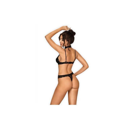 Claudusia Teddy Black semi-transparent two-piece lingerie set with lace accents and neck-tie, back view.