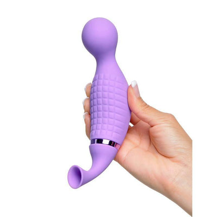 Hand holding Climax-Her Vibe and Clitoris Stimulator Silicone USB, ergonomic textured design in purple.