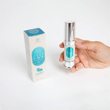 Clit Pwr Clítoris stimulating balm Coconut 15 ml in hand with packaging