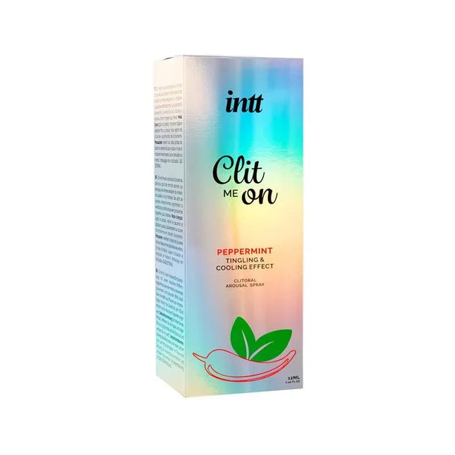 Clitoris Stimulator Spray Clit Me On Peppermint 12 ml packaging with mint and chili pepper graphics for enhanced arousal.
