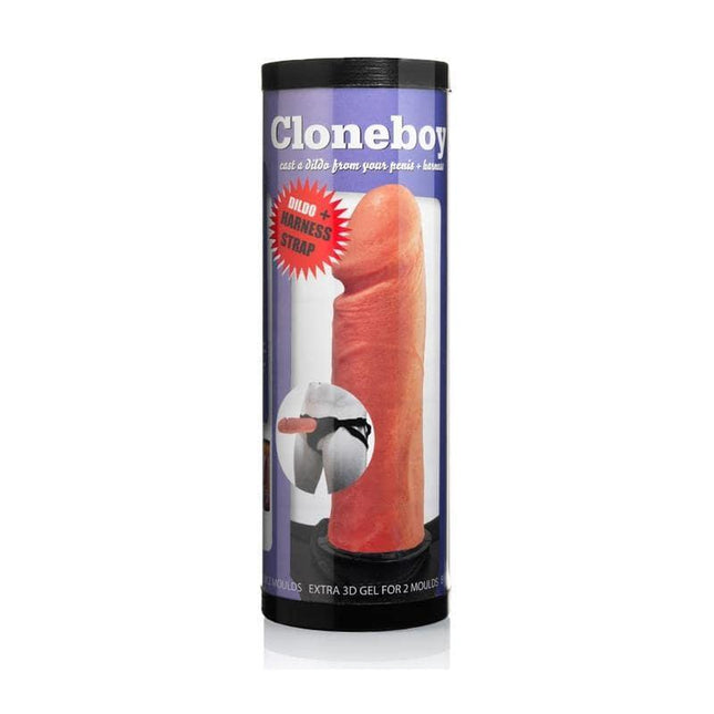Cloneboy Dildo Harness Strap Flesh packaging featuring lifelike silicone kit for realism and shared pleasure. High-quality materials.