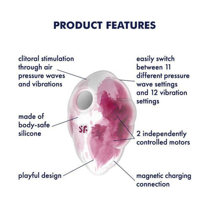 Features of Cloud Dancer Clit Sucker and Vibe Red Print: 11 pressure and 12 vibration settings, silicone build, dual motors, magnetic charge.