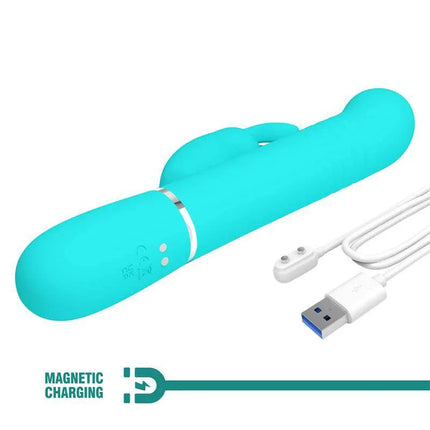 Coale Thrusting and Rotating Balls Vibrator USB with magnetic charging cable, featuring dual motors and vibrant turquoise design.
