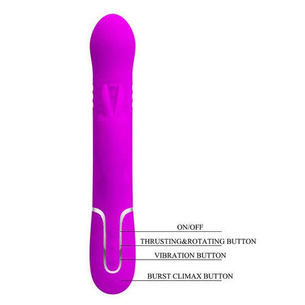 Coale Thrusting and Rotating Rabbit Vibrator USB in vibrant purple with labeled control buttons for diverse settings.