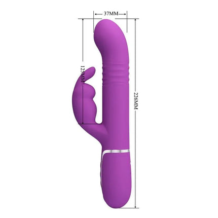Coale Vibw with Rotative Balls and Up and Down dual-motor silicone vibrator with dimensions shown in purple color.