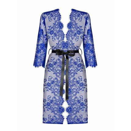 Cobaltess Lace Kimono in blue floral lace with wide sleeves and a black bow-tie closure, perfect for elegant evening wear.