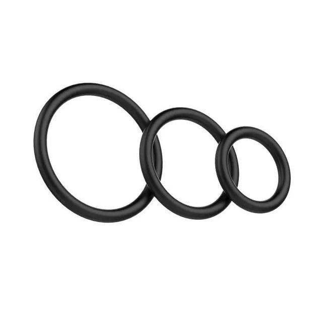 Cock Ring Set of 3 - Tri-Pack of black silicone penis rings in three sizes for enhanced performance.