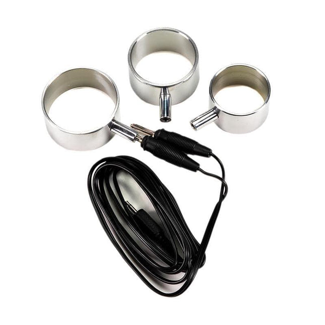 Silicone Cock Ring Set with three sizes and connector cable for customizable fit and stimulation.