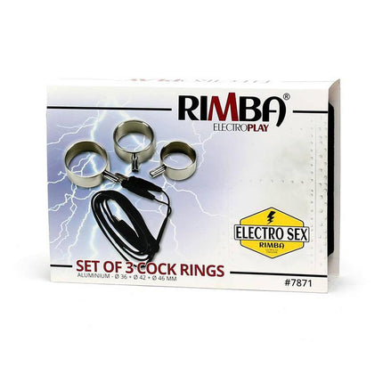 Cock Ring Set featuring a trio of silicone rings with unipolar design, includes cable for dual‑ring configurations, Rimba packaging.