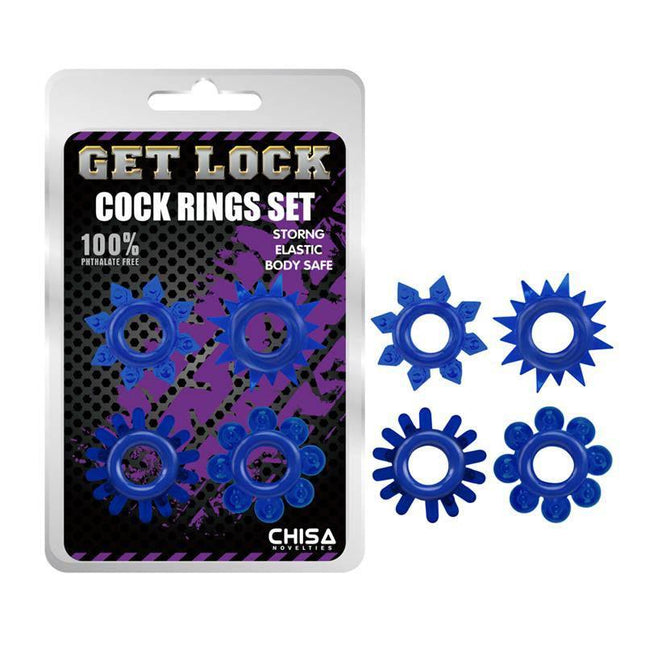 Cock Rings Set-blue - 4-in-1 TPE penis ring collection in blue with varied shapes for enhanced pleasure. Skin-safe and phthalate-free.