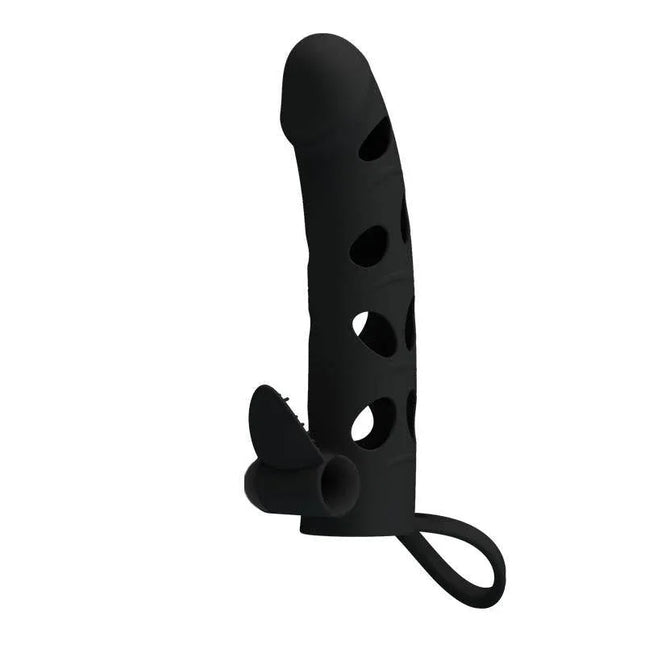 Black Cock Sleeve with Bullet featuring vibration and girth enhancement