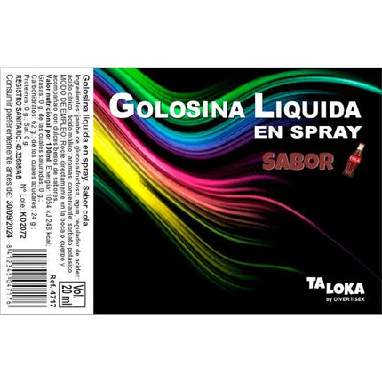 Cola Flavored Liquid Candy Spray 20 ml packaging with colorful design