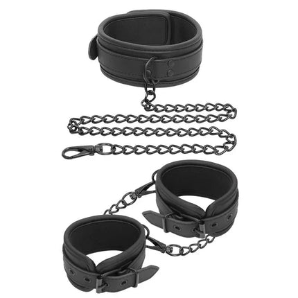 Collar and Hand Cuffs Set Vegan Leather with sturdy chain, perfect for BDSM play, made from cruelty-free materials.