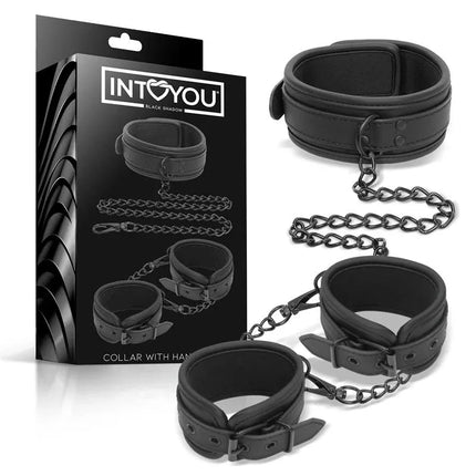Collar and Hand Cuffs Set Vegan Leather from Intoyou Black Shadow collection with chain on display.