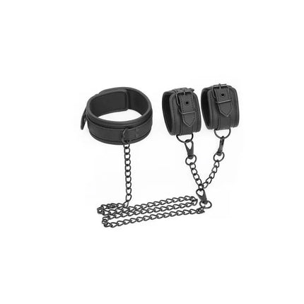 Collar and Hand Cuffs Set Vegan Leather with metal chain for BDSM play, cruelty-free and durable, from Intoyou Black Shadow line.