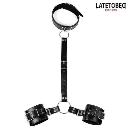 Latetobed Collar and Wirst Restraints in black with PU leather and metal hardware for bondage play.