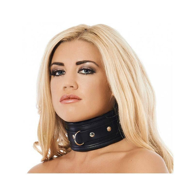 Model wearing Collar LUX, premium padded leather collar; black with adjustable metal buckle and foam interior for comfort.