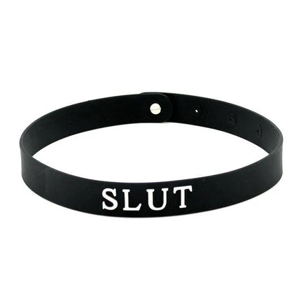 Black silicone "Collar (Slut) Silicone" with bold white lettering for BDSM enthusiasts.