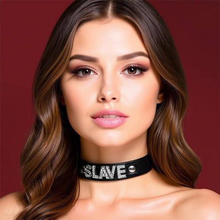 Woman wearing Collar Vegan Leather Slave One Size with sparkling 'Slave' lettering, crafted from nickel-free vegan leather for skin-friendly wear.