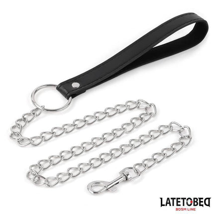 Collar with Bell and Leash from Latetobed BDSM Line, featuring a sleek design with silver chain and black handle.
