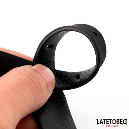 Holding a loop of the Collar with Bell and Leash from Latetobed BDSM Line.