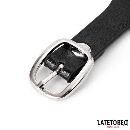Close-up of Latetobed BDSM Line Collar with Bell and Leash, featuring a sleek black buckle, designed for provocative aesthetics and restraint.