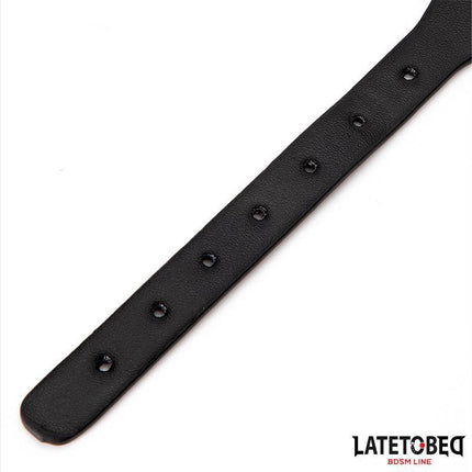 Close-up of Collar with Bell and Leash from Latetobed BDSM line featuring adjustable strap detail.