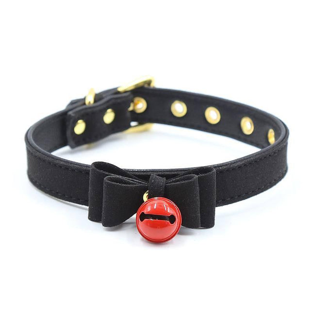 Collar with Bow and Rattle 44 cm Black/Red from Latetobed BDSM line, featuring adjustable fit and elegant design with red bell.