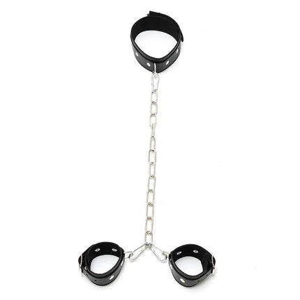 Collar with Cuffs Adjustable bondage accessory with neck collar and wrist restraints connected by chain for intimate play.