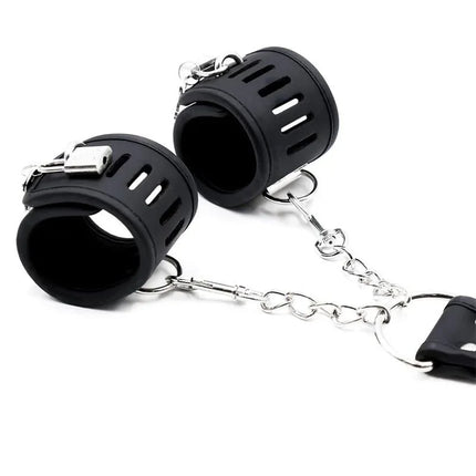 Collar with Handcuffs Set Vegan Leather featuring black cuffs attached with silver chains for stylish BDSM play.