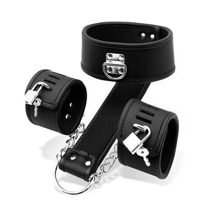 Collar with Handcuffs Set Vegan Leather from Intoyou Black Shadow Collection, showcasing BDSM accessories in sleek black design.