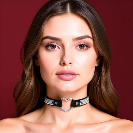 Collar with Heart and Rhinestones Choker Style Vegan Leather One Size on model against red background