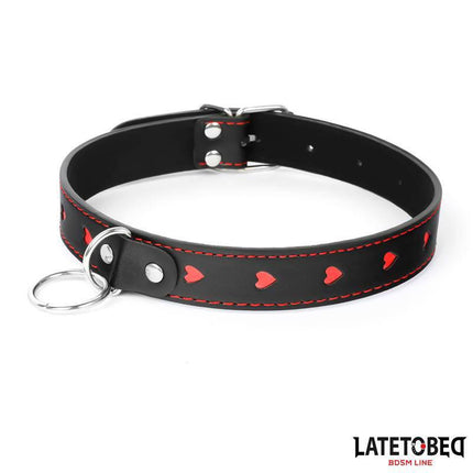 Latetobed collar with Leash 52 cm in black PU with red heart design, durable BDSM and power exchange restraint set for couples.