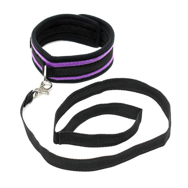 Collar with Leash Adjustable by Rimba in black and purple, featuring adjustable Velcro closure and removable leash. Perfect for bondage play.