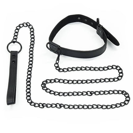 Collar with Leash Black Matt in faux leather with chain leash for adult play
